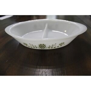 Glasbake J2352 MilkGlass Divided Serving Dish Green Floral Oval Bakeware Vintage